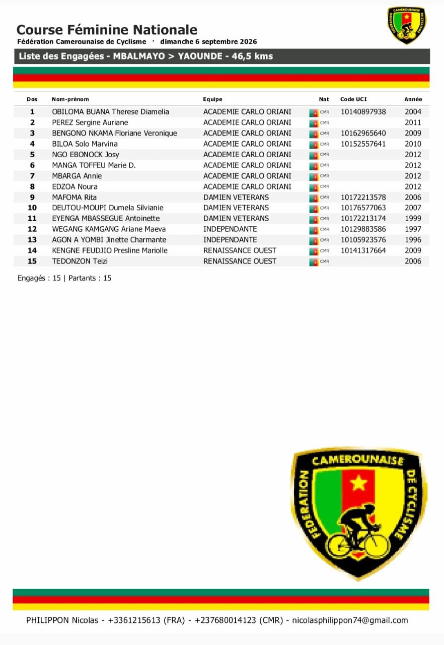 Liste des 15 engagées Course Féminine Nationale