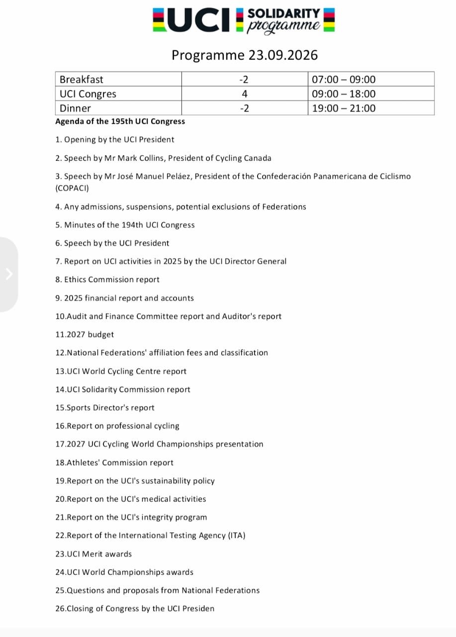 Ordre du Jour du 195ème Congrès de l'UCI