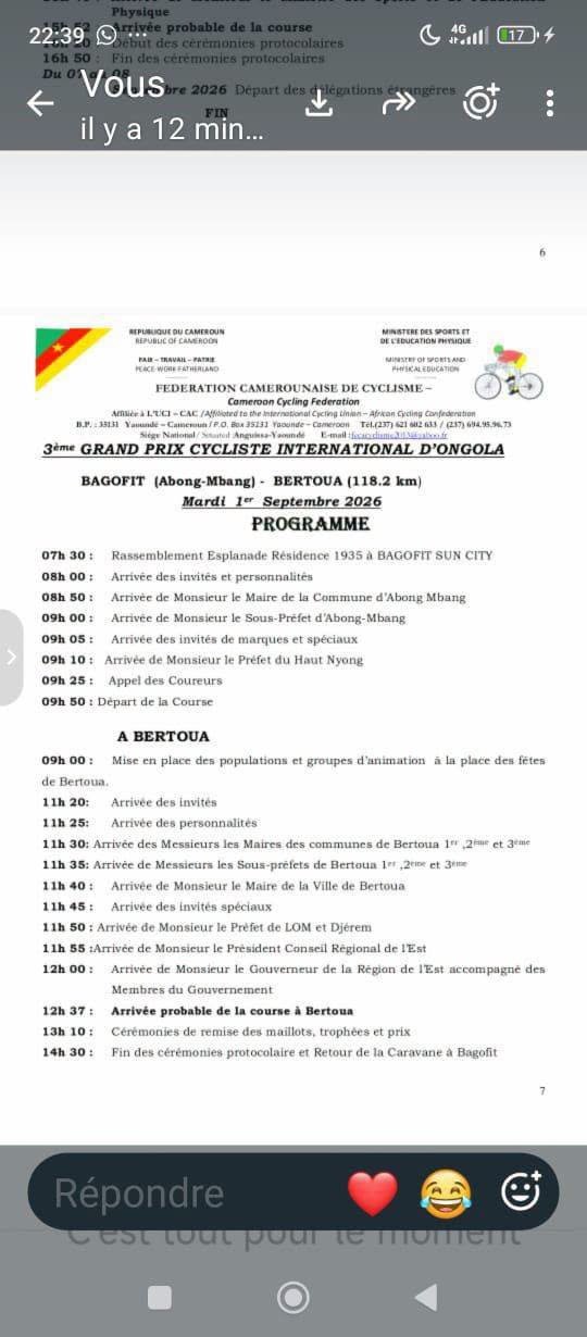 Programme Officiel Détaillé de l'Arrivée à Bertoua